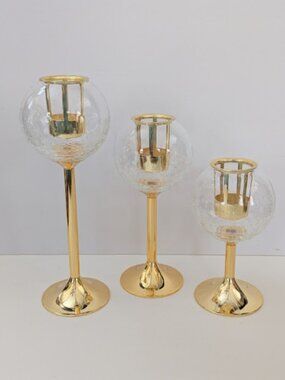 Vintage Brass Stem Tealite Holders with Crackle Glass Globes Set of 3